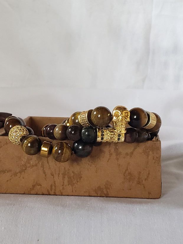 3 set Tigers Eye Gold Vermeil Beads gemstone Bracelet Men's tiger eye