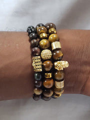 3 set Tigers Eye Gold Vermeil Beads gemstone Bracelet Men's tiger eye