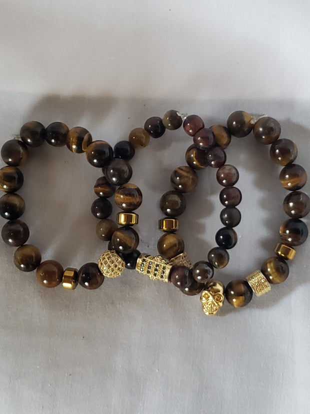 3 set Tigers Eye Gold Vermeil Beads gemstone Bracelet Men's tiger eye