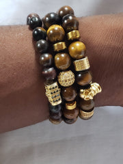 3 set Tigers Eye Gold Vermeil Beads gemstone Bracelet Men's tiger eye