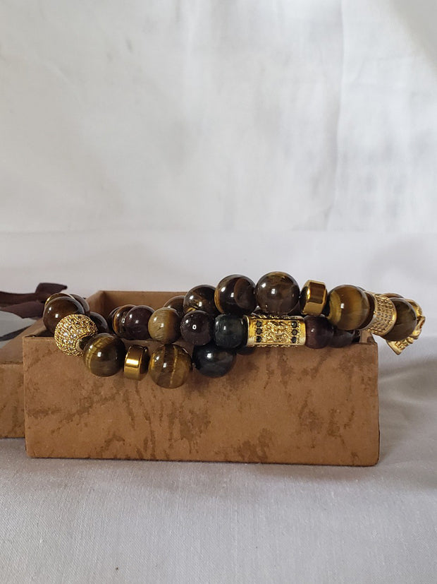 3 set Tigers Eye Gold Vermeil Beads gemstone Bracelet Men's tiger eye