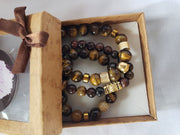 3 set Tigers Eye Gold Vermeil Beads gemstone Bracelet Men's tiger eye