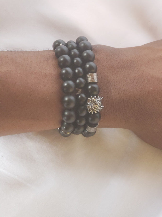 3 set CZ Crown let set black matte stone beads Bracelet femme for women